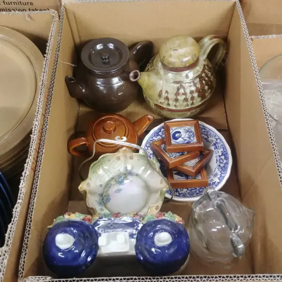 BOX POTTERY TEAPOTS, CHINA PCS ETC