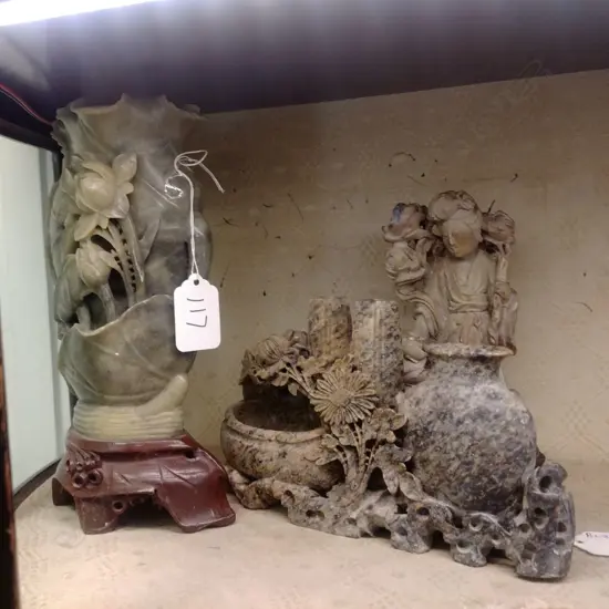 CHINESE SOAPSTONE FIGURE & 2 VASES