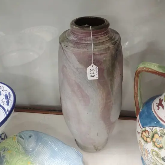 NZ STUDIO POTTERY TALL VASE. VENDELBOSCH ? RED PARTIAL GLAZE