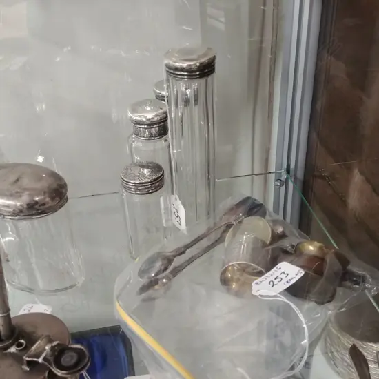 5 DRESSING TABLE BOTTLES  + EP WARE + SPOONS SOME S/S