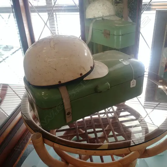 VINTAGE GREEN ENAMEL BREAD BOX + MOTORCYCLE HELMET