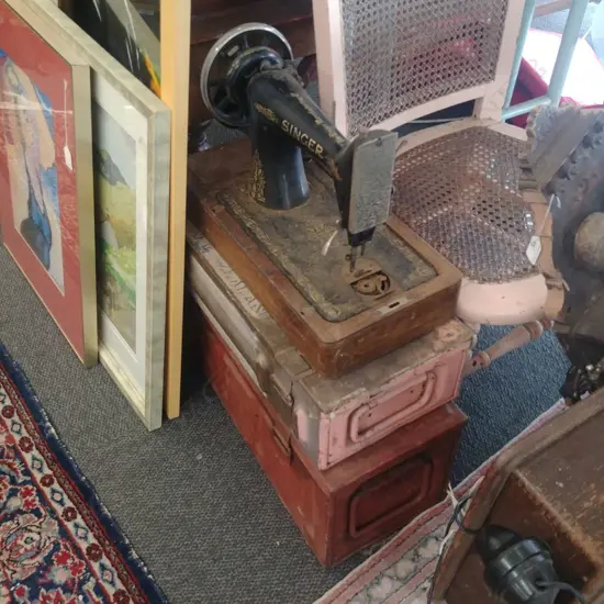 2 AMMO BOXES + SINGER SEWING MACHINE