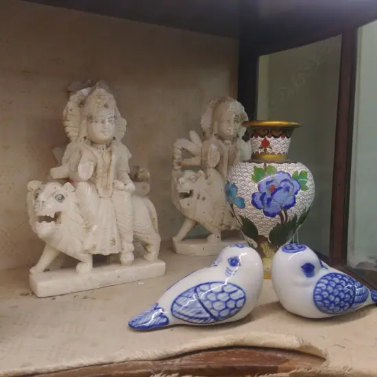 LOT CLOISONNE/ALABASTER FIGURES X 3 +CONDIMENTS