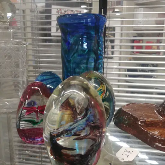 4 GLASS PAPERWEIGHTS + VASE SGND VENUS