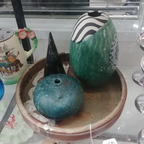 STUDIO POTTERY BOWL + 2 VASES & CONE 
