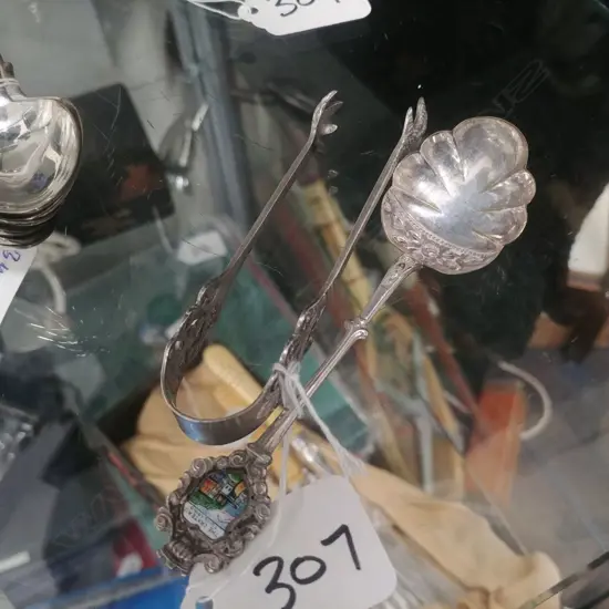 SILVER CLAW FOOT SUGAR TONGS STAMPED 830S + SOUVENIR SPOON
