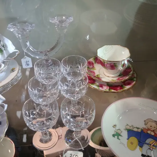 CRYSTAL GLASSES/CANDLE STICK+ROYAL ALBERT