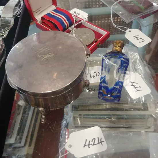 BLUE SCENT BOTTLE  & EP BOX WITH COSTUME JEWELLERY