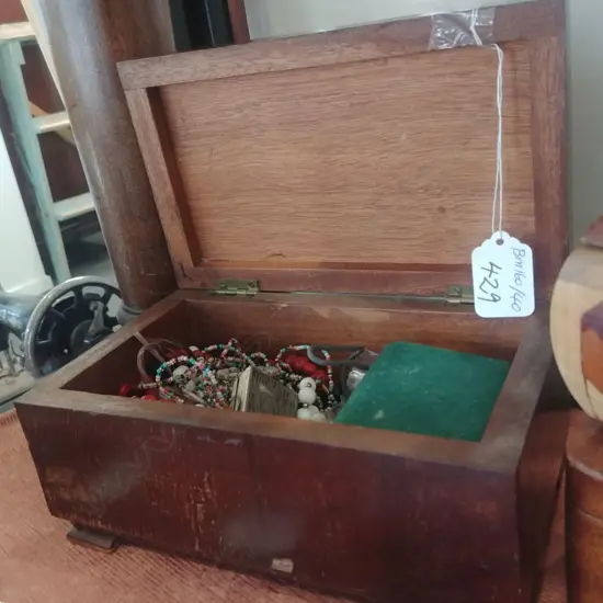 WOODEN BOX  WITH COSTUME JEWELLERY