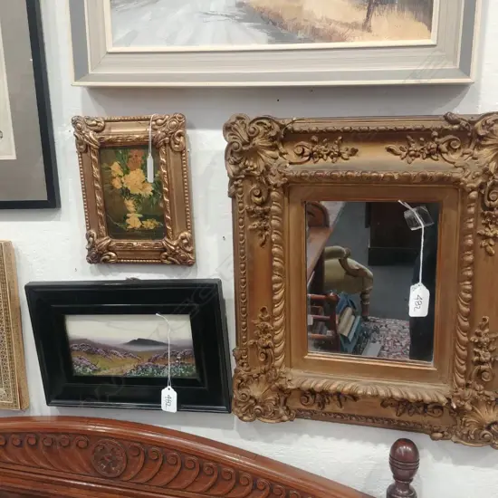 GILT FRAMED MIRROR AND TWO PRINTS