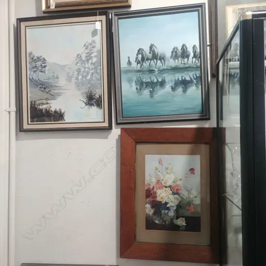 FLORAL STILL LIFE W/C, HORSES + LANDSCAPE OILS