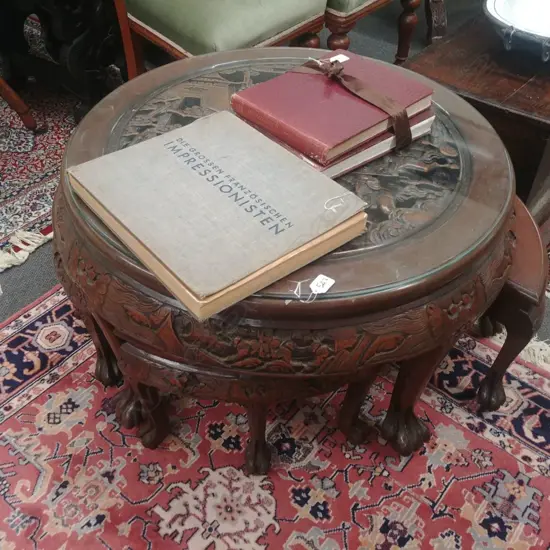 CHINESE CARVED NEST OF TABLES + STOOL