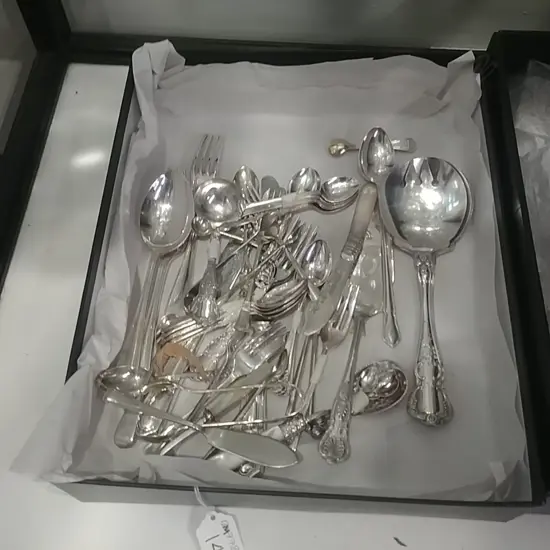 LARGE LOT ASST EP CUTLERY SPOONS/TONGS/ETC