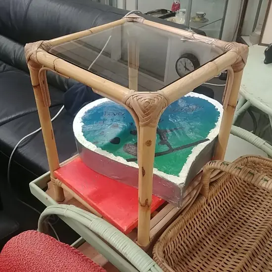 SMALL CANE TABLE & TWO ARTWORKS