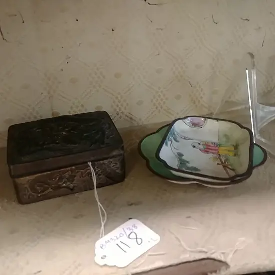 2 CHINESE ENAMEL DISHES + METAL BOX