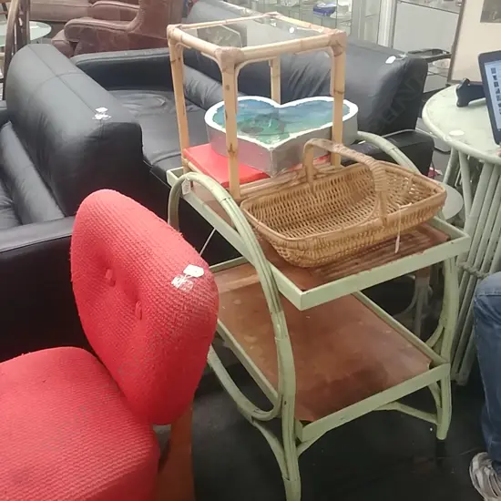 1 CANE TEA TROLLY; CANE  FLOWER BASKET