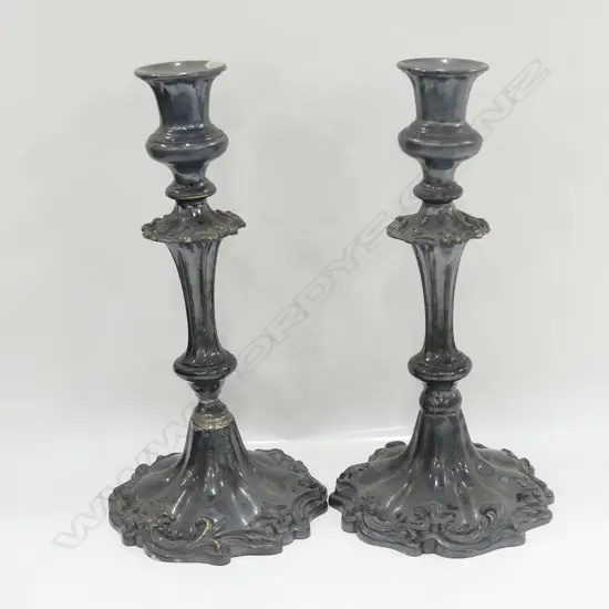 PR 19THC SILVER PLATE FANCY COLUMN CANDLESTICKS. OLD REPAIR