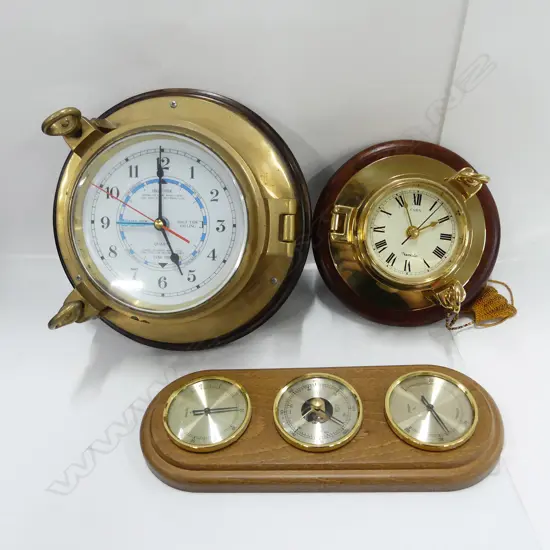 2 PORTHOLE CLOCKS + BAROMETER 