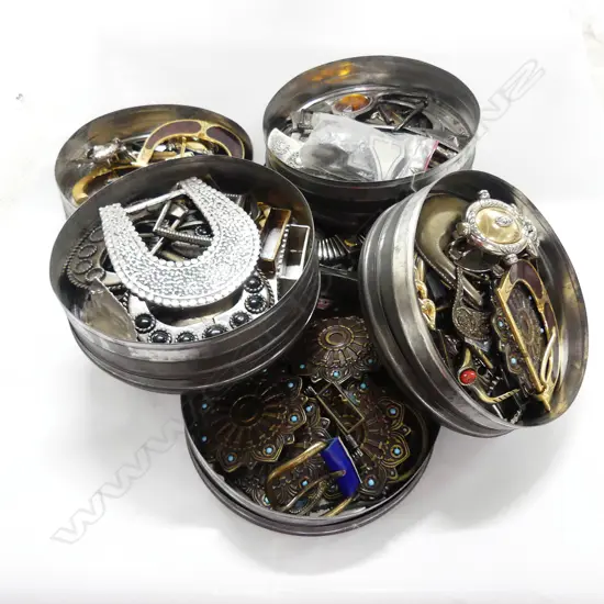 6 TINS ASSORTED BELT BUCKLES ETC