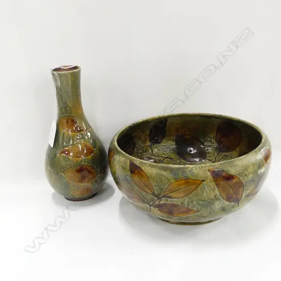 2 DOULTON STONEWARE LEAVES PCES; VASE & BOWL