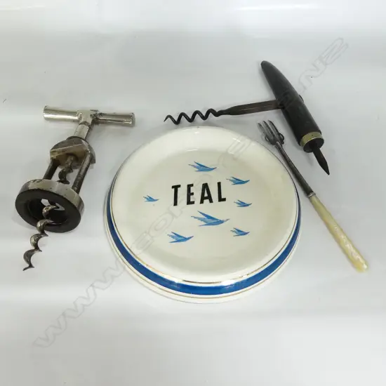 2 OLD CORKSCREWS, SILVER PICKLE FORK, TEAL ASHTRAY