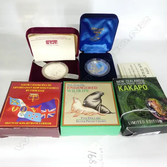 FIVE BOXED 5$ SILVER COINS