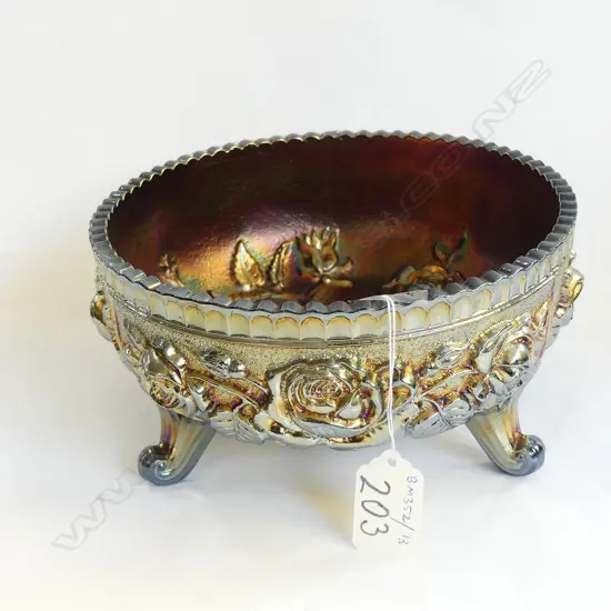 GOOD DARK PURPLE LUSTROUS CARNIVAL GLASS FOOTED BOWL