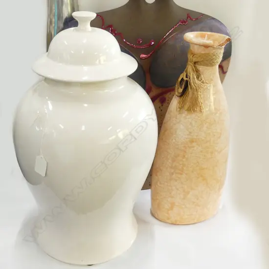 3 LARGE CERAMIC VASES+LIDDED JAR