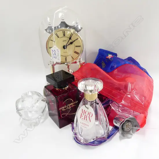 DOME CLOCK + PERFUME BOTTLES 