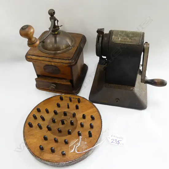 VINTAGE PENCIL SHARPENER/MILL +SOLITAIRE BOARD GAME