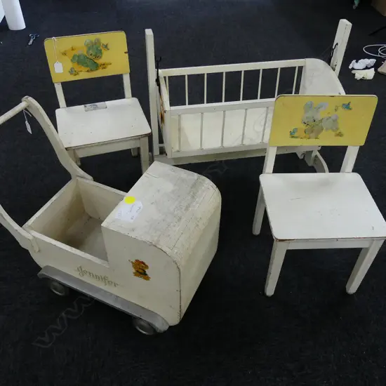 VINTAGE DOLL ACCESSORIES - PRAM + BASSINET + 2 CHAIRS