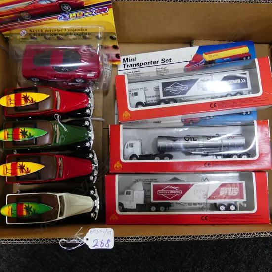 BOX OF BOXED MODEL CARS, TRUCKS ETC
