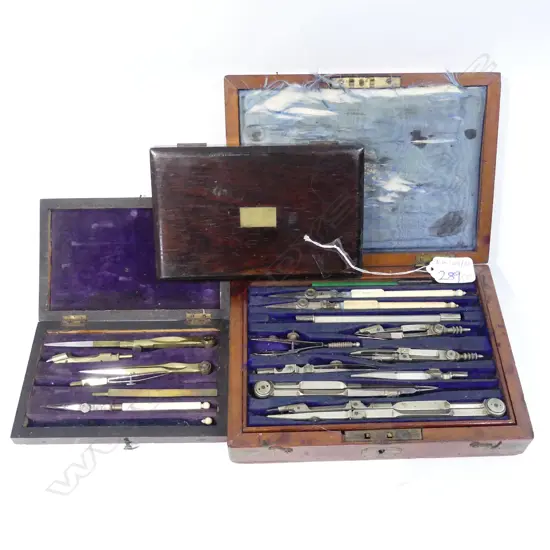 19THC MAHOG & ROSE WOOD CASED  DRAUGHTING SET X 2 +BOX
