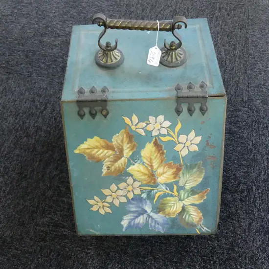 VICT, ARTS & CRAFTS FLORAL PAINTED TIN COAL SCUTTLE
