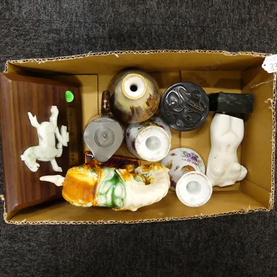 BOX OF TANG HORSE, PR PORCELAIN CANDLESTICKS...