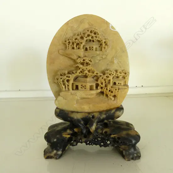 CHINESE CARVED SOAPSTONE SCULPTURE DISC ON STAND