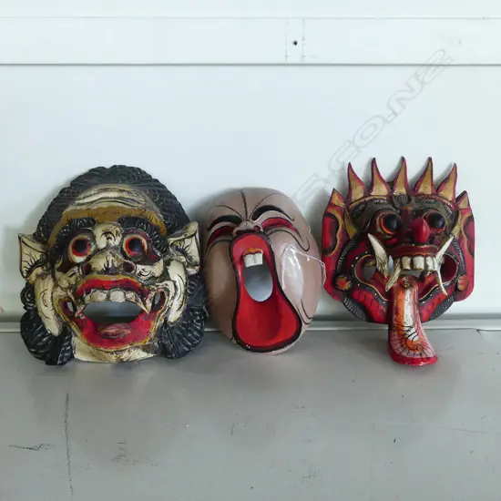 3 THAI CARVED & PAINTED WOODEN MASKS