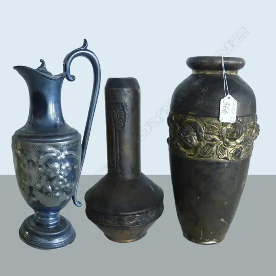 2 ART NOUVEAU BRASS VASES & S/PLATE EWER