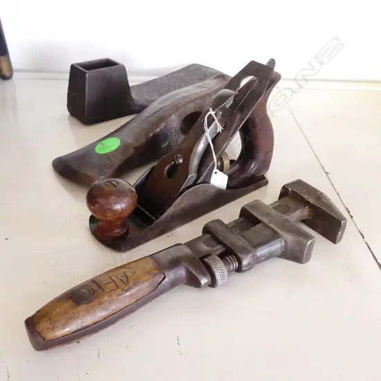 4 VINTAGE TOOLS: WRENCH, PLANE, 2 IRON HEADS
