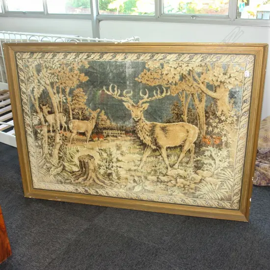 LGE VINTAGE MACHINE EMBROIDERY DEER IN LANDSCAPE. FRAMED 1530 X 1070mm