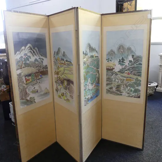 VINTAGE JAPANESE 4 FOLD SCREEN EMBROIDERED PANELS