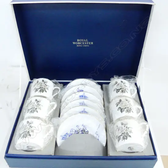 6 ROYAL WORCESTER FLORAL DECORATED DEMI-TASSE CUPS AND SAUCERS IN ORIGINAL BOX 