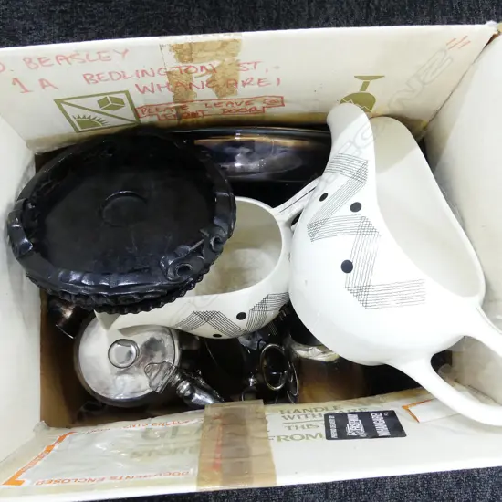 ASST EP TEA SETS, DISHES,CRYSTAL POT, STAND, AND W/WOOD RETRO SAUCE BOATS  ETC