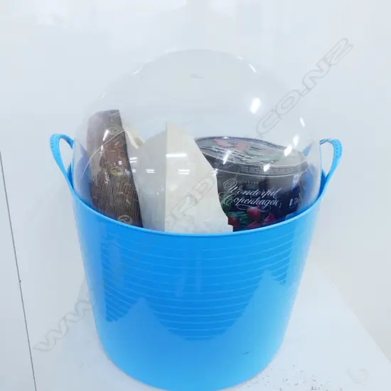 PLASTIC BUCKET WITH 2 LARGE BISCUIT TINS; LG CLEAR BOWL