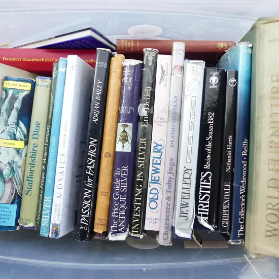 LG ASST BOX ANTIQUE GUIDES; SILVER, CHINA, JEWELLERY