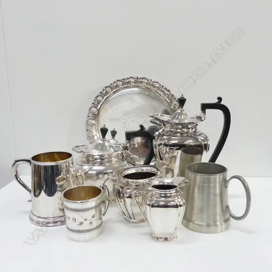 BOX OF ASST EP TEASET, TANKARDS  & TRAY (8)