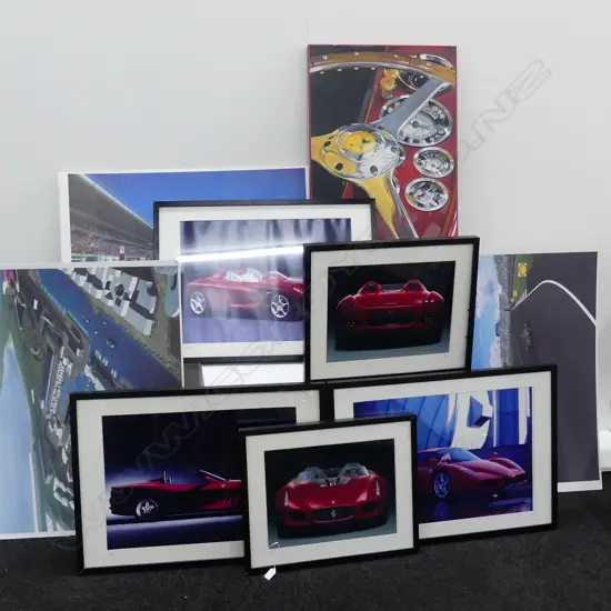 9 LUXURY FRAMED CAR PRINTS +3 UNFRAMED WORKS LARGEST 1000X500MM