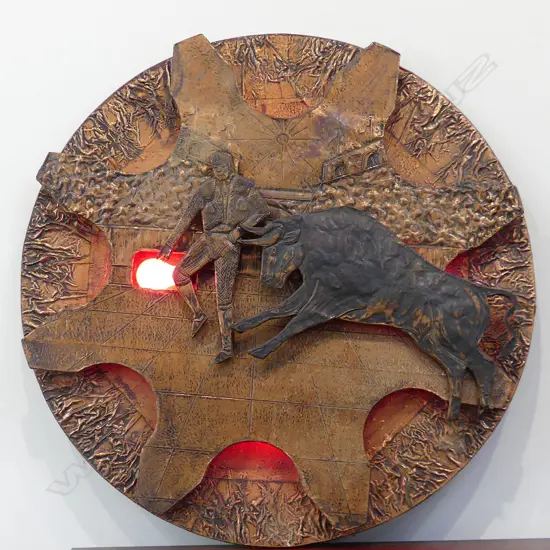 LG RETRO 1970'S COPPER INLAID WALL ARTWORK, MATADOR & BULL, DIA. 903MM