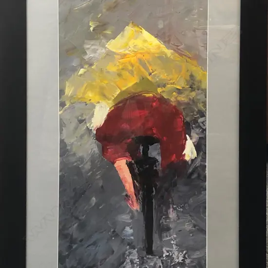 A FRAMED ARTWORK FIGURE ON BIKE 1270X600MM