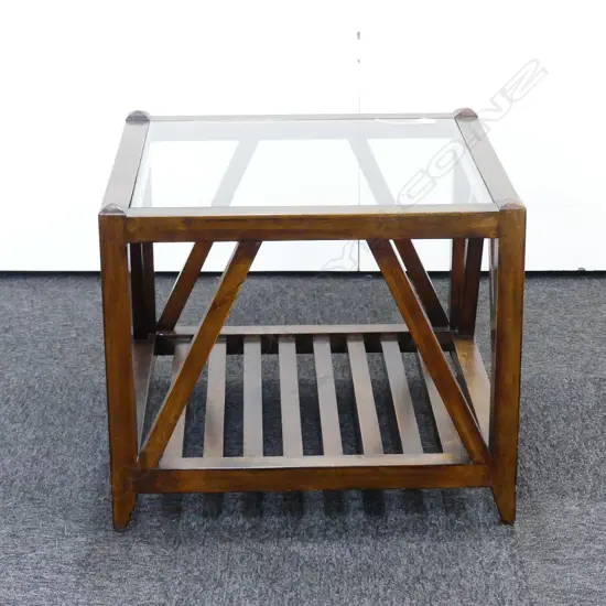 BEECH & GLASS COFFEE TABLE SLATED LOWER SHELF. H. 500MM